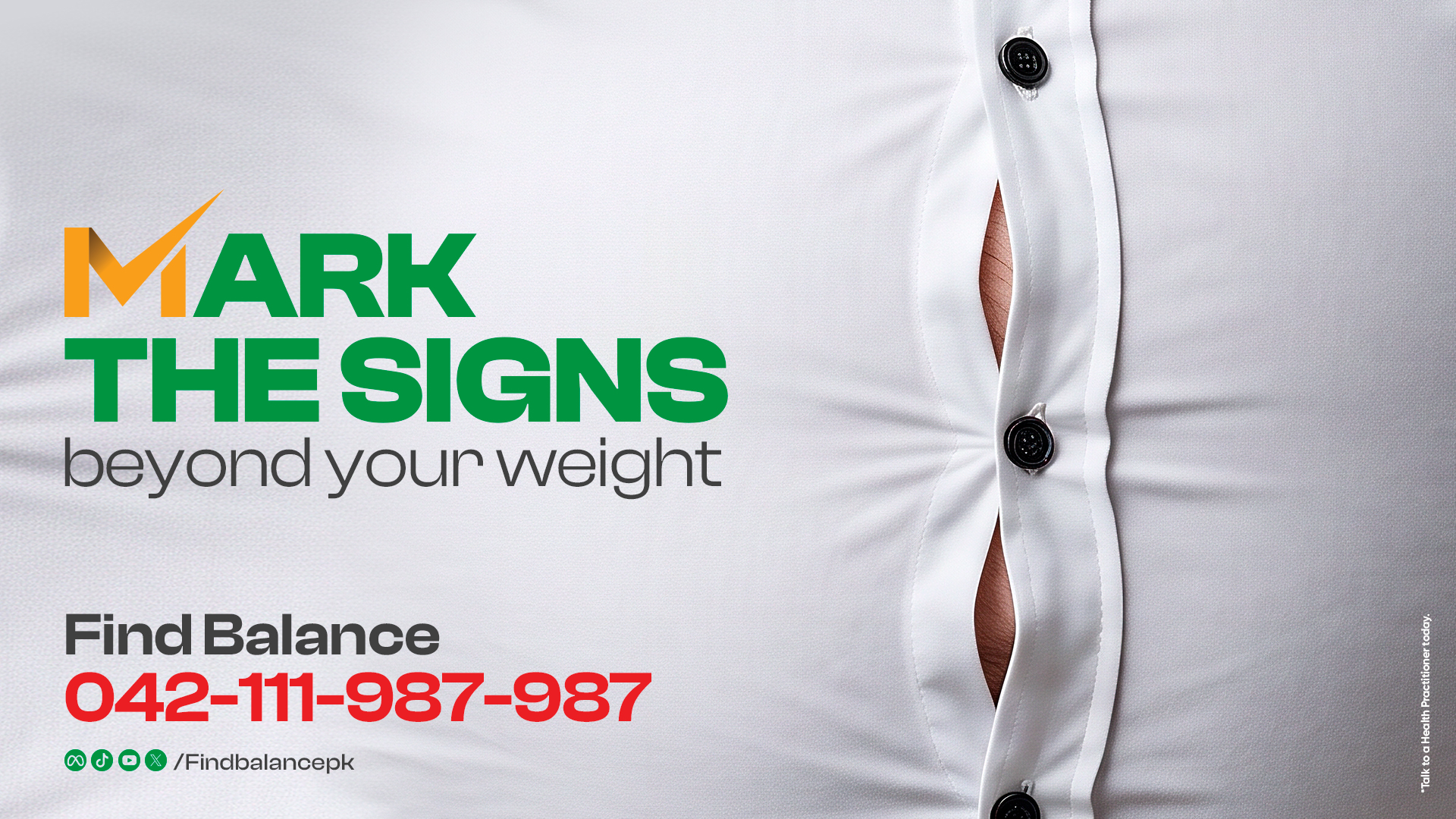 Campaign banner: a white shirt straining at its buttons. Headline: Mark the signs beyond your weight. FindBalance, 042-111-987-987.